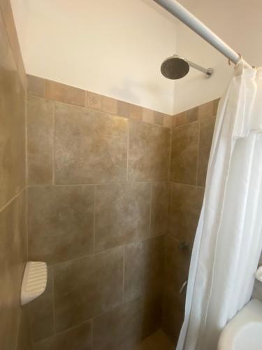 y baño con ducha y cortina de ducha. en Habitación frente al mar en Mar del Plata