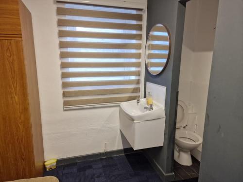 y baño con aseo, lavabo y espejo. en Room near East Midland Airport 5 en Kegworth