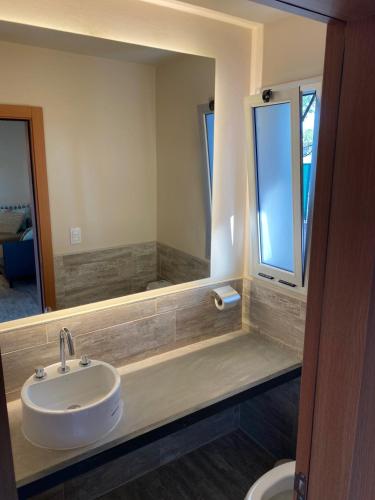 a bathroom with a sink and a large mirror at Baita Di Franca in Córdoba