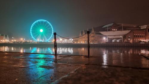 a ferris wheel in a city at night at Welcome Gdańsk Apartments Nadmotławie Gym and Sauna in Gdańsk