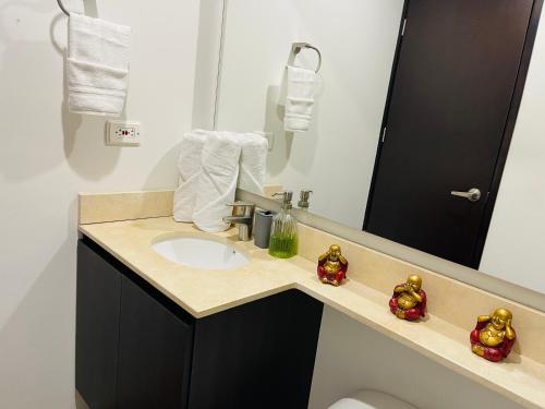a bathroom with a sink and a mirror at Suite hotelera rio verde cerca al aeropuerto in Rionegro