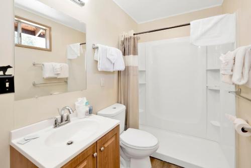 a bathroom with a sink and a toilet and a shower at Twin Pines Family Cabin by Big Bear Vacations in Big Bear Lake