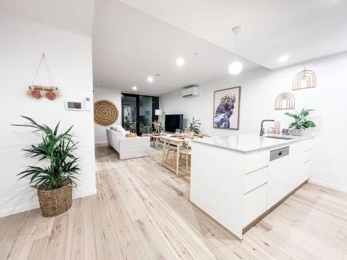 a kitchen and living room with white walls and wooden floors at Canberra City - Parking - Self check-in - Pool in Canberra