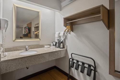 a bathroom with a sink and a mirror at Red Roof Inn Greensboro Airport in Greensboro