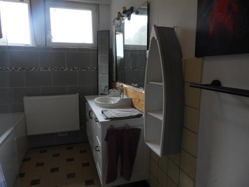 a small bathroom with a sink and a mirror at Familienparadies Bousseviller in Bousseviller