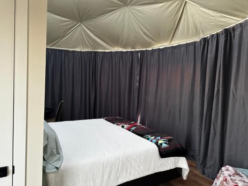a bedroom with a white bed in a tent at The Cowboy Glamping Dome in Willcox