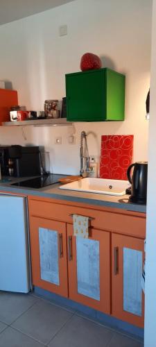 une cuisine avec un évier et un plan de travail dans l'établissement Studio situé centre ville, à Parthenay