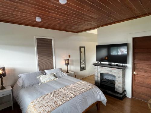 a bedroom with a bed and a flat screen tv at Bridge Tender Shack with hot tub on deck in La Conner