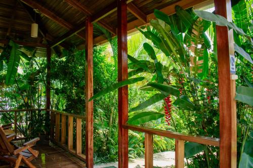 a wooden porch with trees and plants at Arenal Descanso in Fortuna