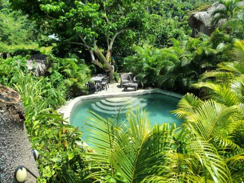 una piscina en medio de un jardín en Bungalows India & boutique, El Valle, Samana, en Santa Bárbara de Samaná