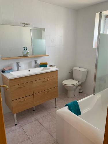 a bathroom with a sink and a toilet and a tub at Jolie maison avec cheminée, à la campagne in Taïx