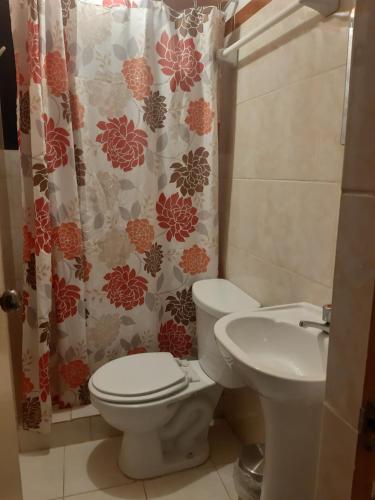 a bathroom with a toilet and a sink at Hostal Ayllu in Urubamba