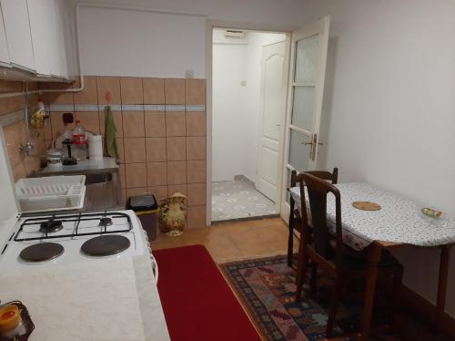 een keuken met een fornuis, een wastafel en een tafel bij KIM in Sarajevo