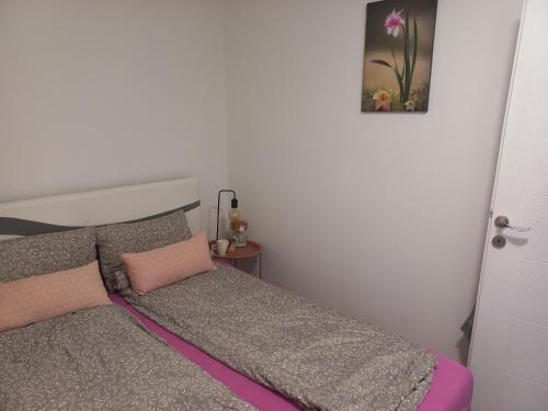 een kleine slaapkamer met een bed met roze en grijze kussens bij KIM in Sarajevo
