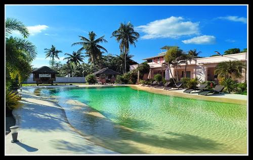une grande piscine avec des chaises et des palmiers dans l'établissement Imagine-Bohol, à Panglao