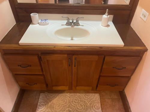 a bathroom with a sink and a mirror at R&V VILLA in Negril