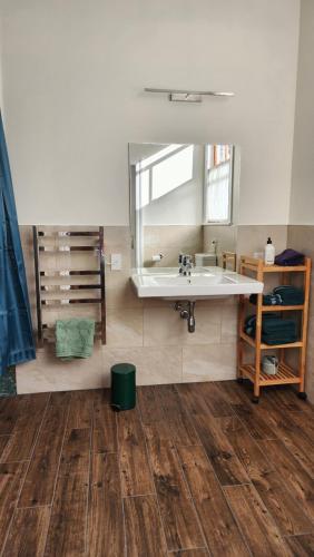 W łazience znajduje się umywalka i lustro. w obiekcie Poripori Homestead w mieście Tauranga