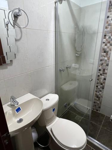 a bathroom with a toilet and a shower and a sink at Hotel Coffee Real Pereira in Pereira