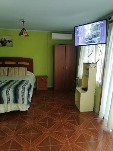 Schlafzimmer mit einem Bett und einem Flachbild-TV in der Unterkunft Cisnes del tolten in Freire