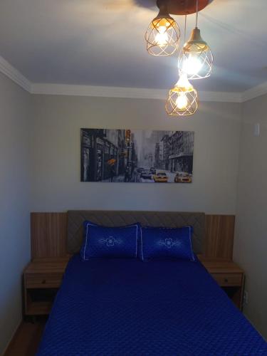 ein Schlafzimmer mit einem blauen Bett mit zwei blauen Kissen in der Unterkunft AP do Brian in São João del Rei