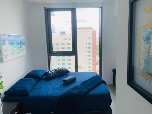 Cette chambre dispose d'un lit avec des oreillers bleus et d'une fenêtre. dans l'établissement DOWNTOWN MIAMI, à Miami