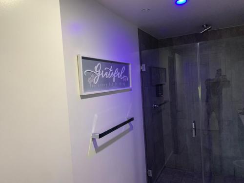 La salle de bains est pourvue d'une douche et d'un panneau mural. dans l'établissement DOWNTOWN MIAMI, à Miami