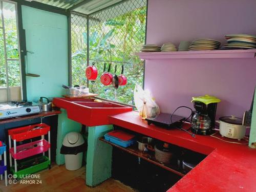 a kitchen with a red counter and a red sink at Cabaña en la montaña in Venecia