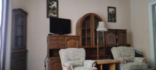 a living room with a tv and two chairs at Gelena Гостьовий двір in Uzhhorod