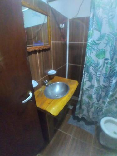 uma casa de banho com um lavatório e uma cortina de chuveiro em Cabaña rustica fina em Córdoba