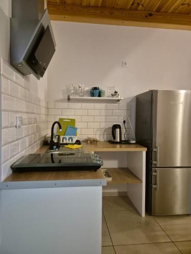 uma cozinha com um frigorífico de aço inoxidável e um lavatório em Siedlisko U Ani em Skrzynki