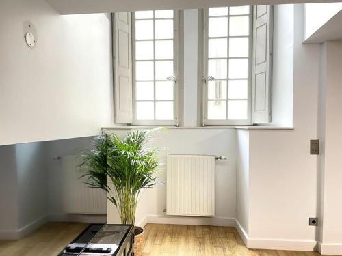 une chambre avec une table et une plante en pot dans l'établissement Duplex avec terrasse en hypercentre de Grenoble, à Grenoble