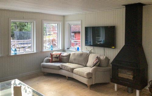 a living room with a couch and a fireplace at 4 Bedroom Stunning Home In Ljusterö in Norra Ljustero