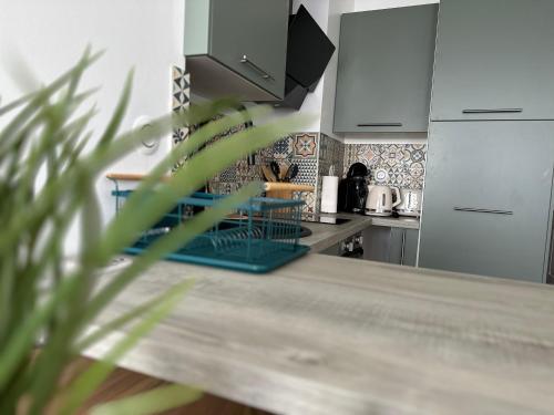 une cuisine avec des armoires blanches et un comptoir dans l'établissement Appartement MaCoco Front de Mer, à Cayeux-sur-Mer