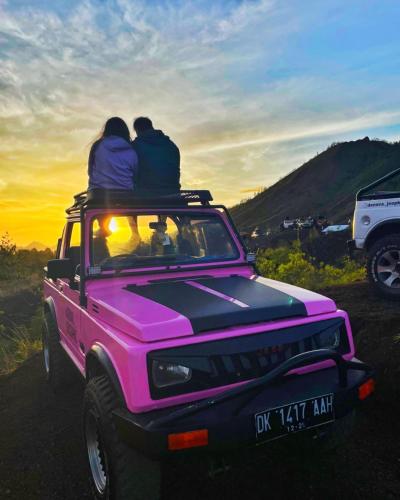 a group of people sitting on the roof of a pink jeep at jeep tour bali in Kintamani