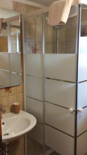 a bathroom with a sink and a refrigerator at B&B SòT AL PIZ in Sagron Mis
