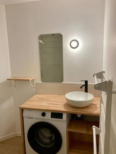 une salle de bain avec un lavabo et une machine à laver dans l'établissement Rive gauche (bord de mer), à Réville