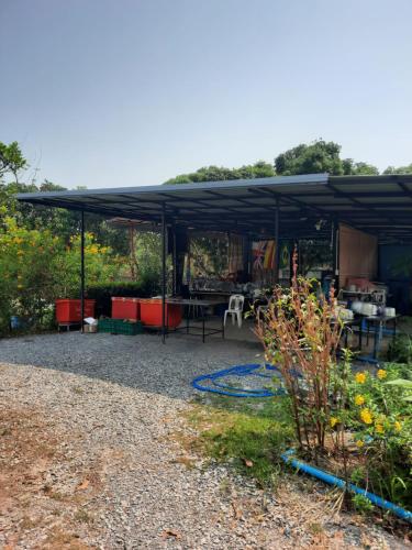 un giardino con tettoia nera, tavolo e sedie di Vanessa Guest House 