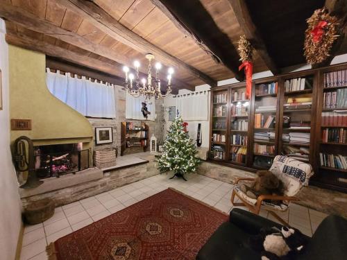 a living room with a christmas tree and a fireplace at Casa Desi in Combai