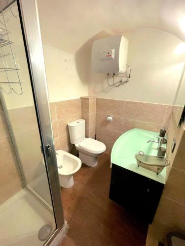 een badkamer met een toilet, een wastafel en een douche bij May's Apartment in Catania
