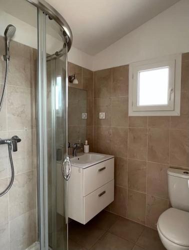une salle de bain avec une douche, des toilettes et un lavabo dans l'établissement Apparemment bord de mer 2 à 5 personnes, à Sagone