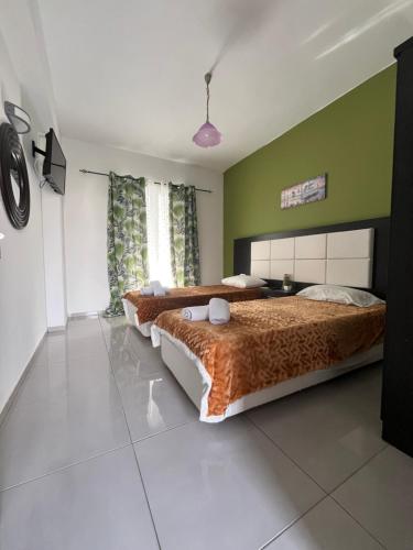 een slaapkamer met 2 bedden en groene muren bij Villa Antonis deluxe apartments in Amoudi