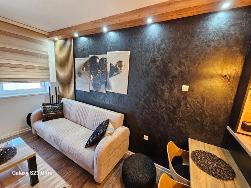 a living room with a couch and a table at Apartman Lena in Zrenjanin