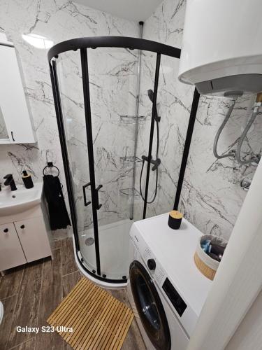 ein Bad mit einer Dusche und einem Waschbecken in der Unterkunft Apartman Lena in Zrenjanin