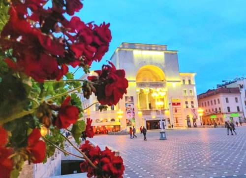 Un edificio con flores rojas frente a una calle. en CityCore - Best choice&price, en Timisoara