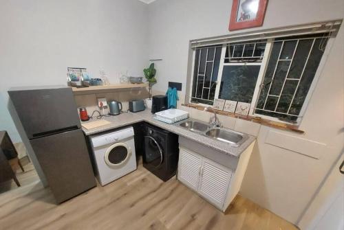 una cucina con lavandino e lavatrice di Apartment in Stellenbosch a Stellenbosch