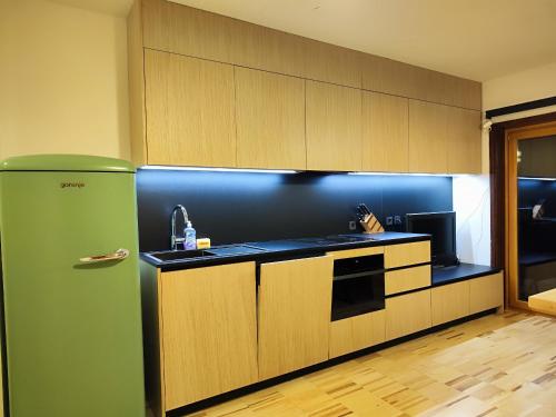 a kitchen with a green refrigerator and wooden cabinets at Tree Top Rogla Apartment in Zreče