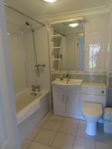 uma casa de banho com uma banheira, um WC e um lavatório. em Thie-Ny-Soalt em Colby