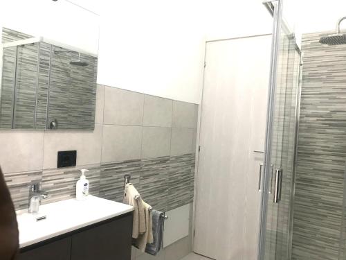 a bathroom with a shower and a sink and a mirror at One bedroom apartement with balcony and wifi at Ribera in Ribera