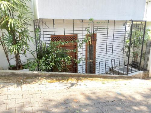a gate in front of a building with plants at Comfortable and serene cottage surrounded with palms and tamarind tree in Rajagiriya