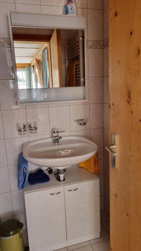 a bathroom with a sink and a mirror at Pension Hof zur Stilli in Davos